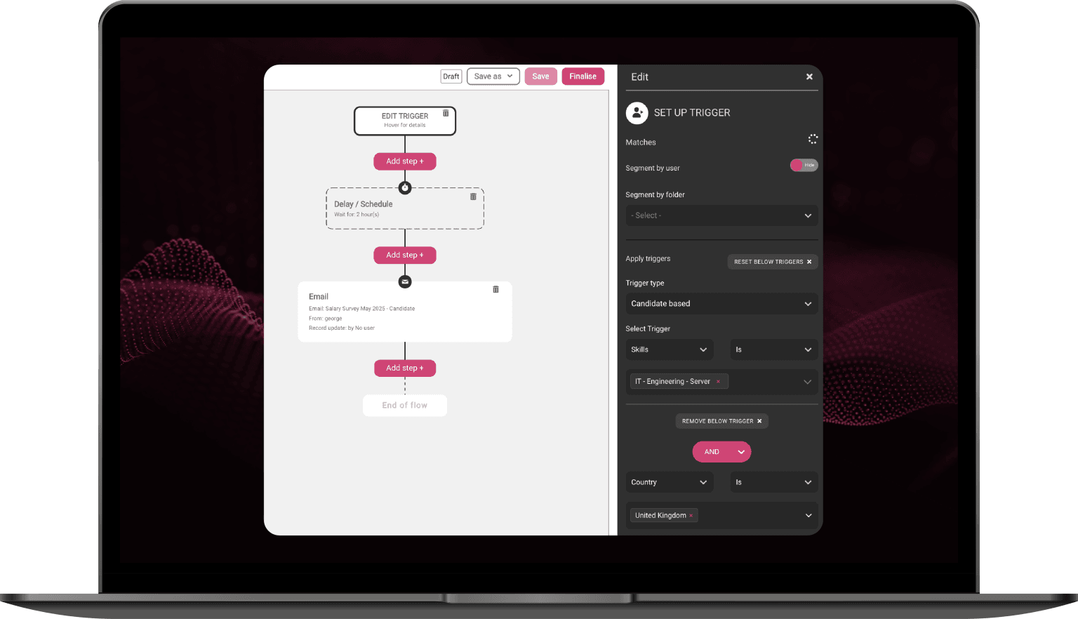 Roi-AI automated recruitment nurture journey workflow — personalised candidate and client engagement sequences triggered by behaviour, status, role type and skill